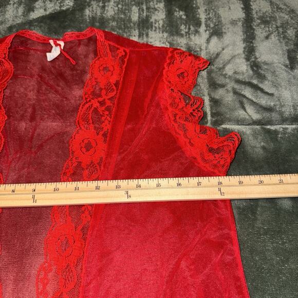 Vintage Red Trim Lace Short Sheer Mesh Nightie Robe Lingerie Women’s Small - Picture 7 of 9
